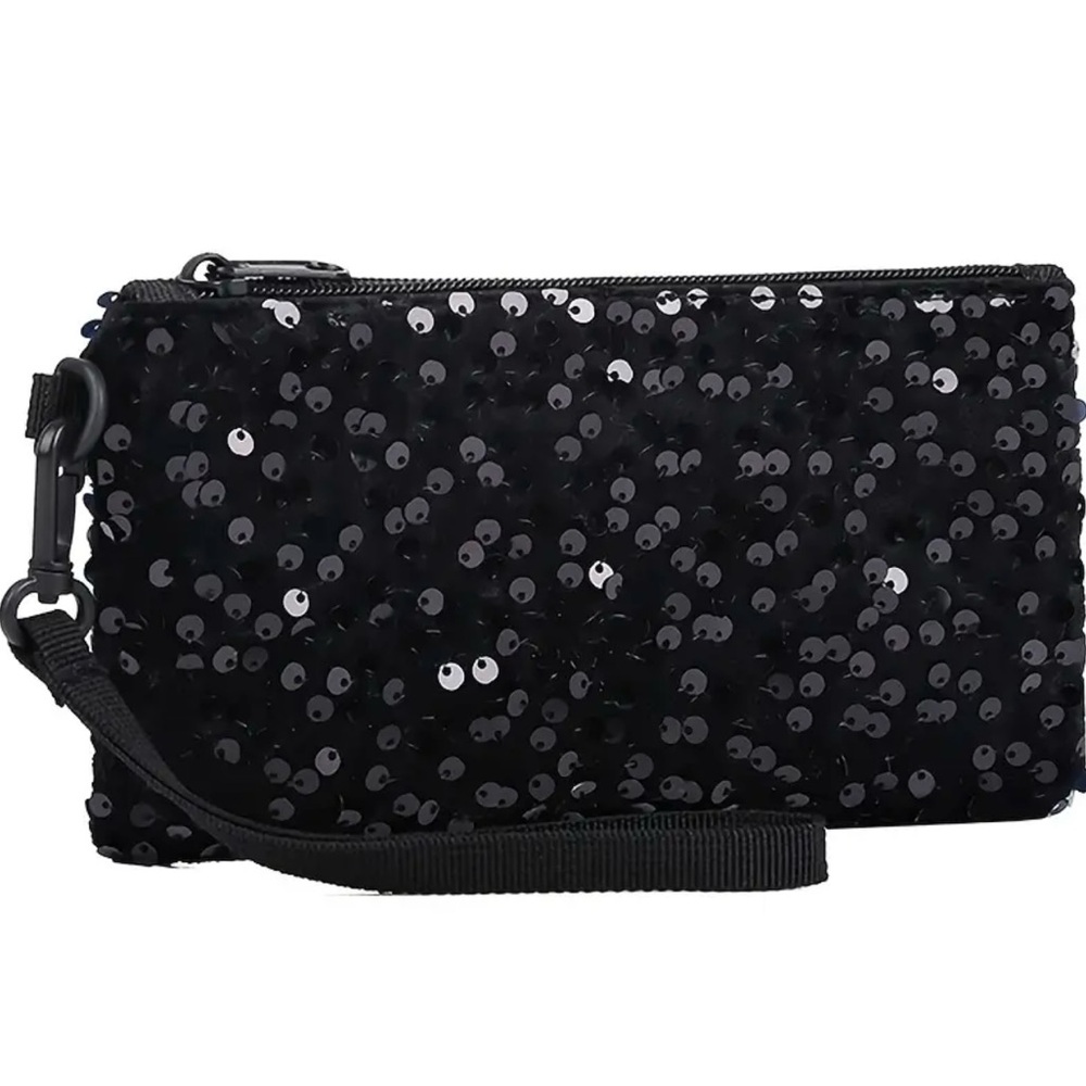 Black Sequin Clutch / Wristlet with Detachable Strap - Brand New